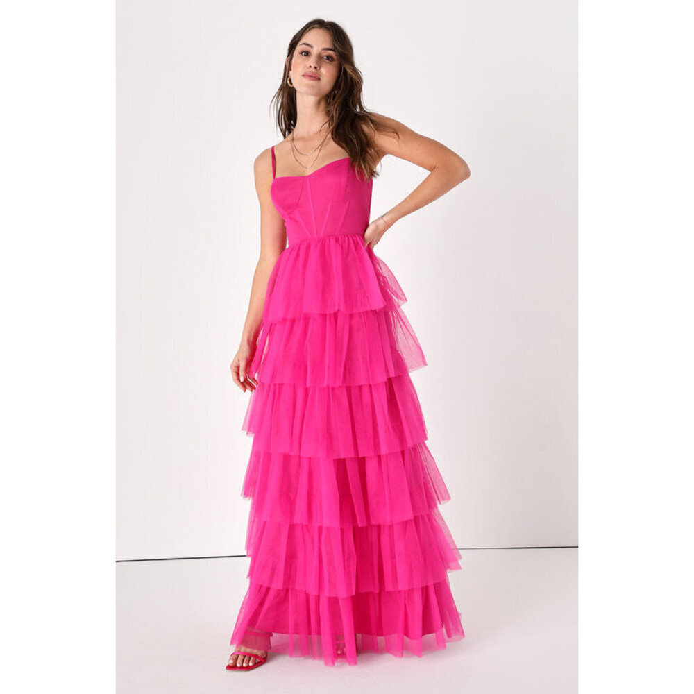 Lulus Rule The Runway Hot Pink Tulle Bustier Tiered Maxi Dress - Size L